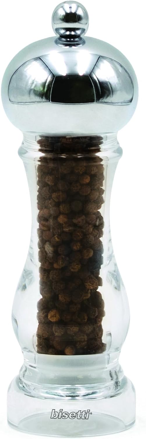 Bisetti Capri Clear Acrylic Pepper Mill With Chromed Head and Adjustable Grinder, 16.5 cm / 6.5 Inches - BisettiUSA