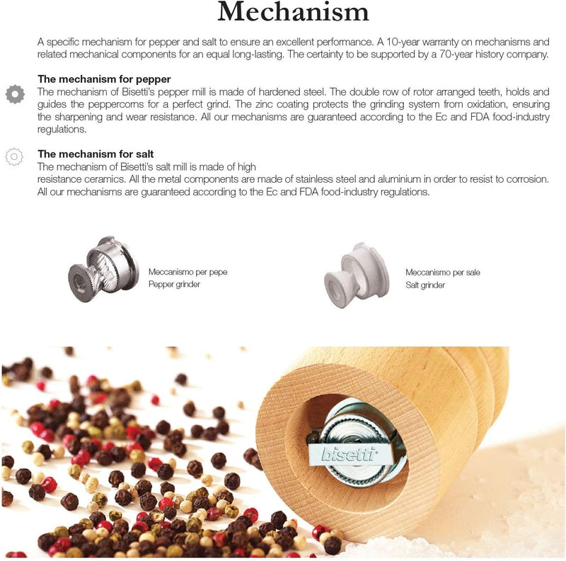 Bisetti Sorrento Walnut Stained  Beechwood Salt Mill With Adjustable Grinder, 5.1 Inch / 13 cm - BisettiUSA