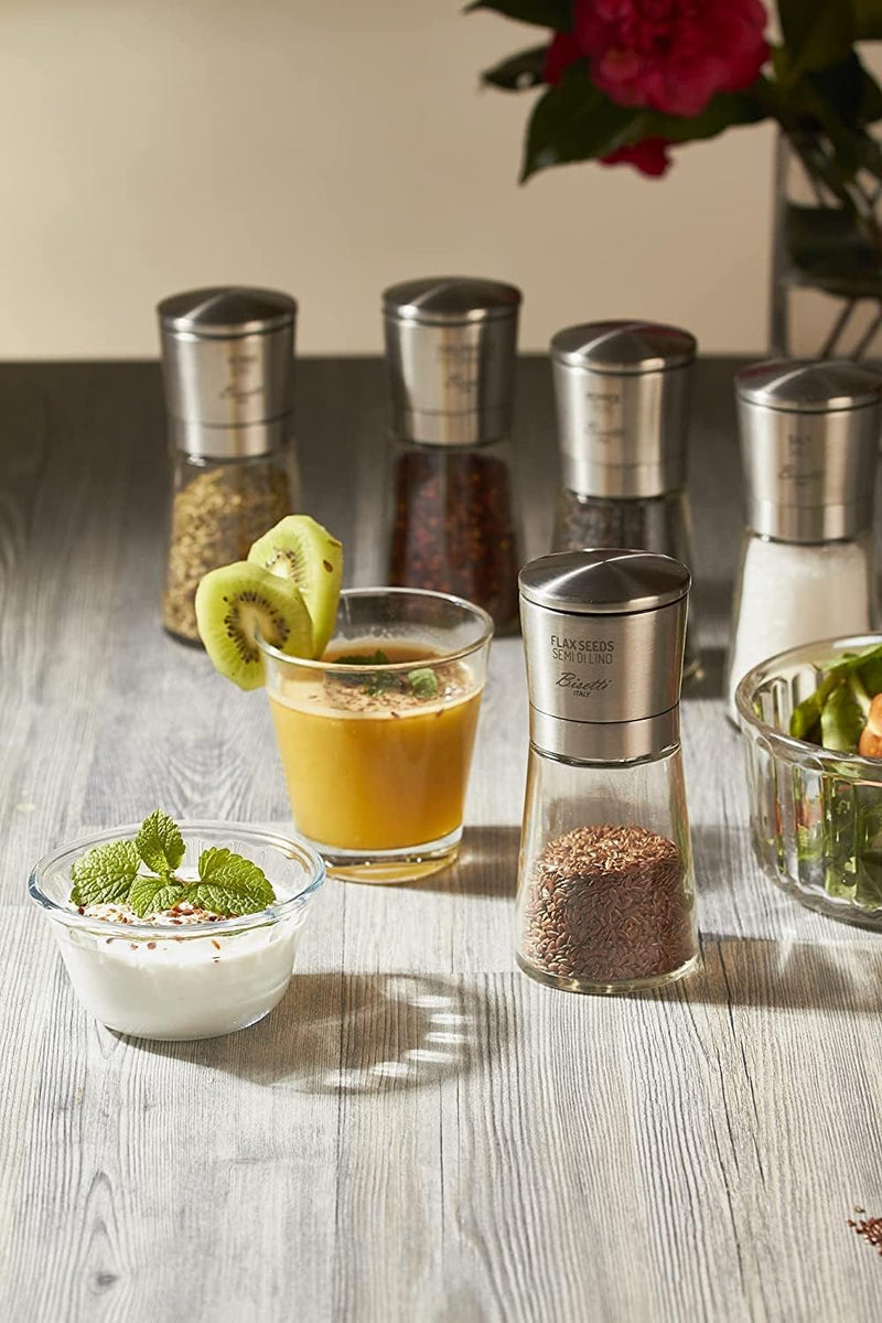 Bisetti La Spezia  Glass Bottle Sunflower Seed Mill With Adjustable Grinder, 14.5 cm / 5.7 Inch - BisettiUSA