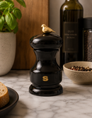 Bisetti Bird Black Lacquered Beechwood Salt Mill With Adjustable Ceramic Grinder, 11 cm / 4.33 Inch