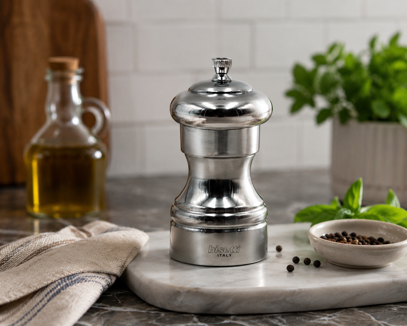 Bisetti Messina Pewter Finish Silver Pepper Mill With Adjustable