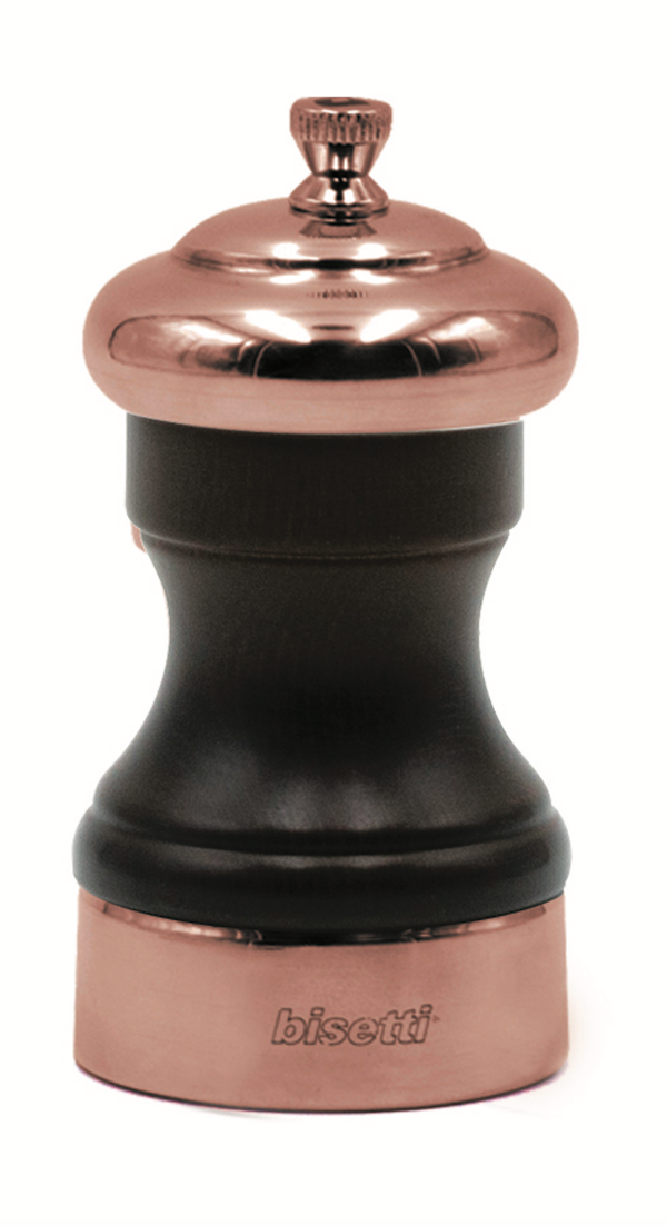 Bisetti Messina Walnut Stained Beechwood Salt Mill With Copper Head and Base and Adjustable Grinder, 10 cm / 3.9 Inches - BisettiUSA