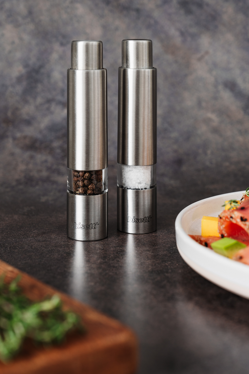 Bisetti Push Button Acrylic Body and Stainless Steel Salt Mill Grinder, 14.5 cm / 5.7 Inch - BisettiUSA