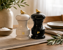 Bisetti Bird white and black salt and pepper shakers with bird lids on a table setting-Bisetti-USA
