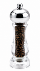 A Bisetti pepper mill with a polished silver metal cap and a clear glass body filled with dark brown peppercorns, shown on a white background.