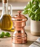 Bisetti Messina 3.9-inch beechwood pepper mill with copper-plated head and adjustable carbon steel grinder, made in Italy.