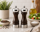 Bisetti Messina walnut stained beechwood salt  and pepper mill set with pewter head and base,16.5 cm (6.5 inches), made in Italy.