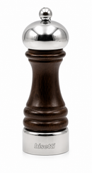 Bisetti Messina walnut stained beechwood pepper mill with pewter head and base, adjustable grinder, 16.5 cm (6.5 inches), made in Italy.