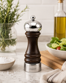 Bisetti Messina walnut stained beechwood salt mill with pewter head and base, adjustable ceramic grinder, 16.5 cm (6.5 inches), made in Italy.