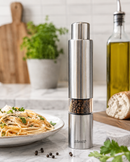 Bisetti Push Button Stainless Steel and Acrylic Pepper Mill Grinder, 14.5 cm / 5.7 Inch - BisettiUSA
