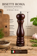 Bisetti Roma Beechwood Pepper Mill with Adjustable Carbon Steel Grinder, Walnut Finish, 9-7/8 Inches (25 cm) | Made in Italy
