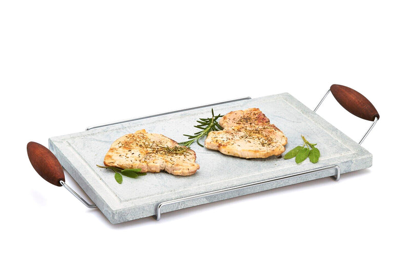 Bisetti Tradition Rectangular Cooking Stone with Chromed Frame & Beech Wood Handles, 10-5/8 x 20-1/2-Inches - BisettiUSA