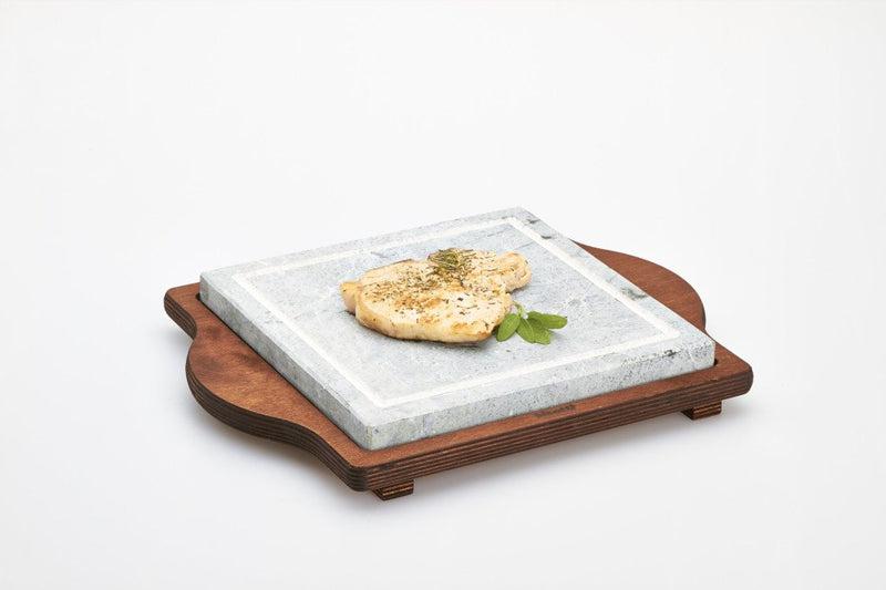 Bisetti Tradition Square Cooking Stone With Walnut Finished Birch Plywood Base, 11-13/16 x 14-9/16-Inches - BisettiUSA