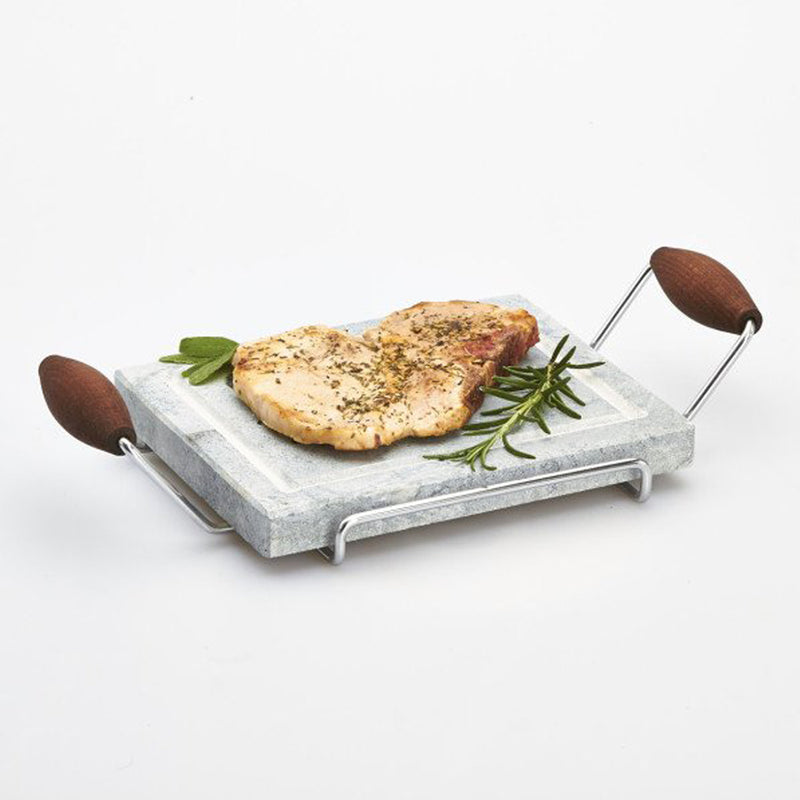 Bisetti Tradition Rectangular Cooking Stone With Chromed Frame & Beechwood Handles, 12-9/16 x 7-1/16-Inches - BisettiUSA